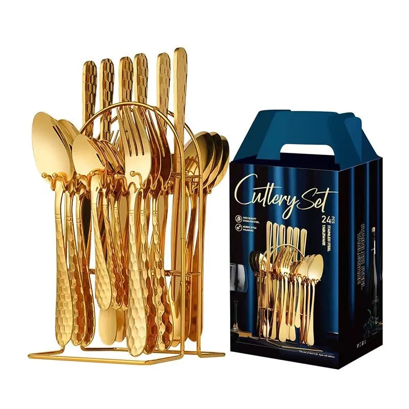 24 Pcs Stainless Steel Cutlery Hammer Pattern Ceramic Handle Knife Fork Spoon Set cutlery set travel cutlery set flatware set