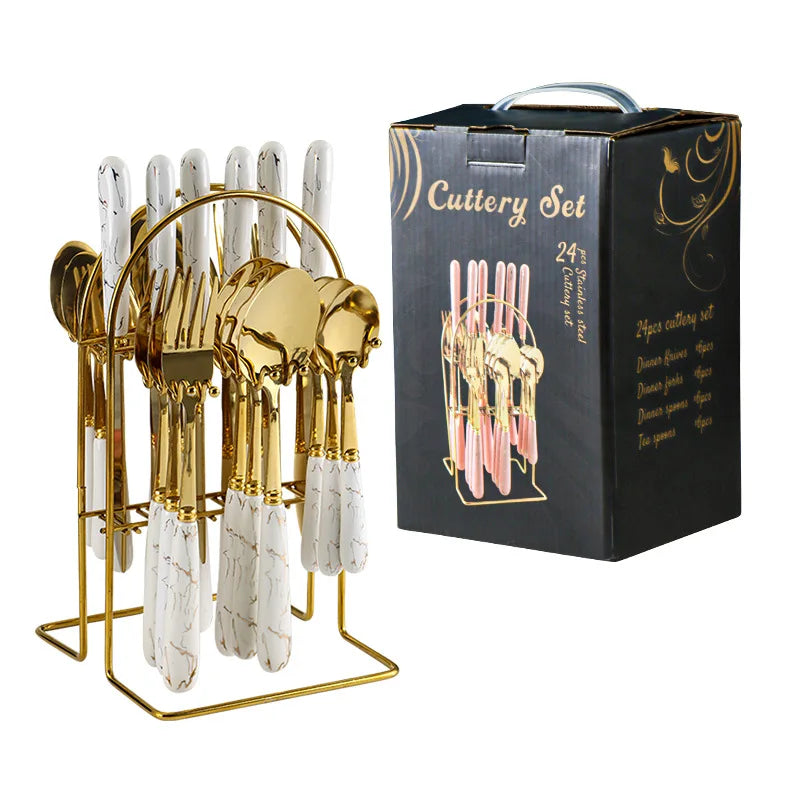24 Pcs Stainless Steel Cutlery Hammer Pattern Ceramic Handle Knife Fork Spoon Set cutlery set travel cutlery set flatware set