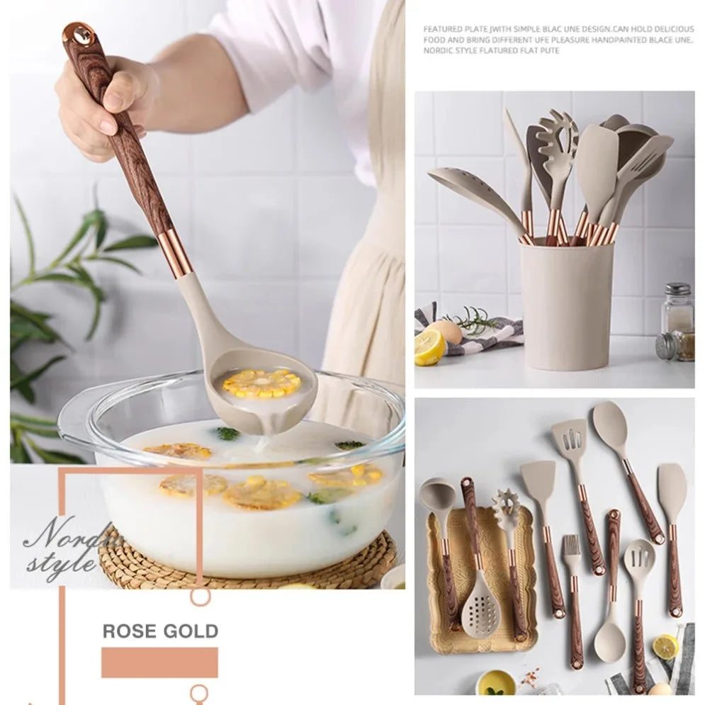 Gold Plated Handle Silicone Cooking Utensils Set Kitchen Non-stick Tool Gadgets BPA FREE Kitchenware Heat Resistant Spatula Set