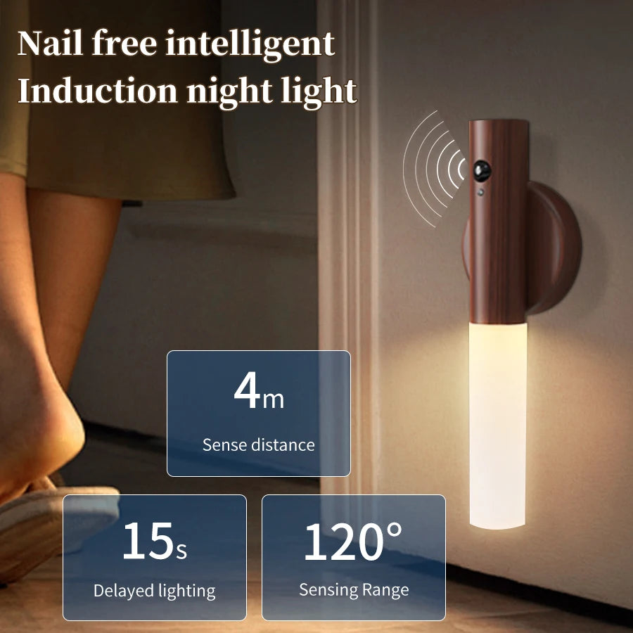 Wood-Style Rechargeable LED Wall Light with Motion Sensor Ideal Portable Plastic Lantern for Bedroom Bedside Stairs and Hallway