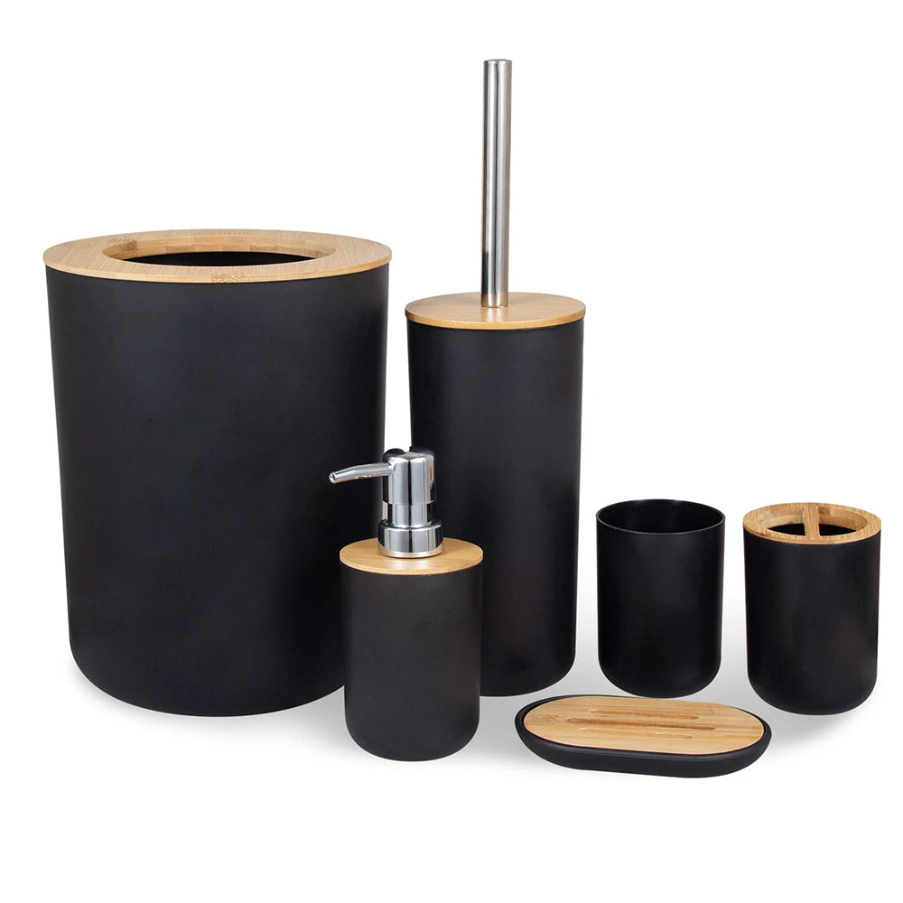 6Pcs/Set Soap Dispenser Box Toilet Brush Lotion Bottle Trash Can Bamboo Plastic Bathroom Storage Set Toothbrush Cup Holder