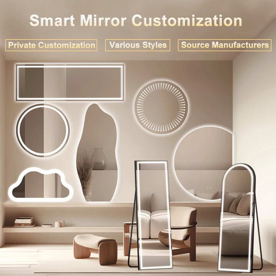 Customized Full Length Floor Mirror Decorative Hanging Living Room Mirror Wavy Shape Anti-Fog Smart Led Nordic Mirror
