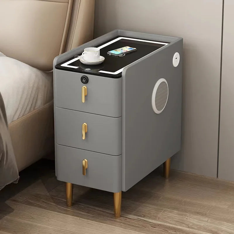 Nordic Style Intelligent Solid Wood Bedside Table Faux Leather 3 Drawers Nightstands with Wireless Charging Side Storage Cabinet