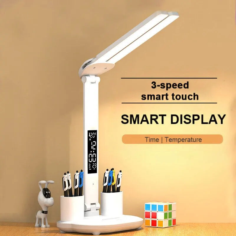 LED Table Lamp USB Chargeable Dimmable Clock Desk Lamps 2 Heads 180 Rotate Foldable Eye Protection Desktop Reading Night Lights