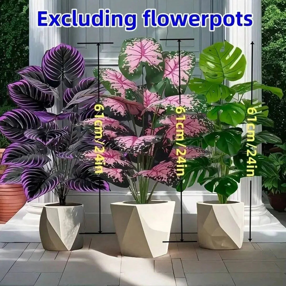 3pcs Outdoor Large Artificial Green Plant Set with 36 Leaves Suitable Designed Tropical Rainforest Landscapes for Home Garden
