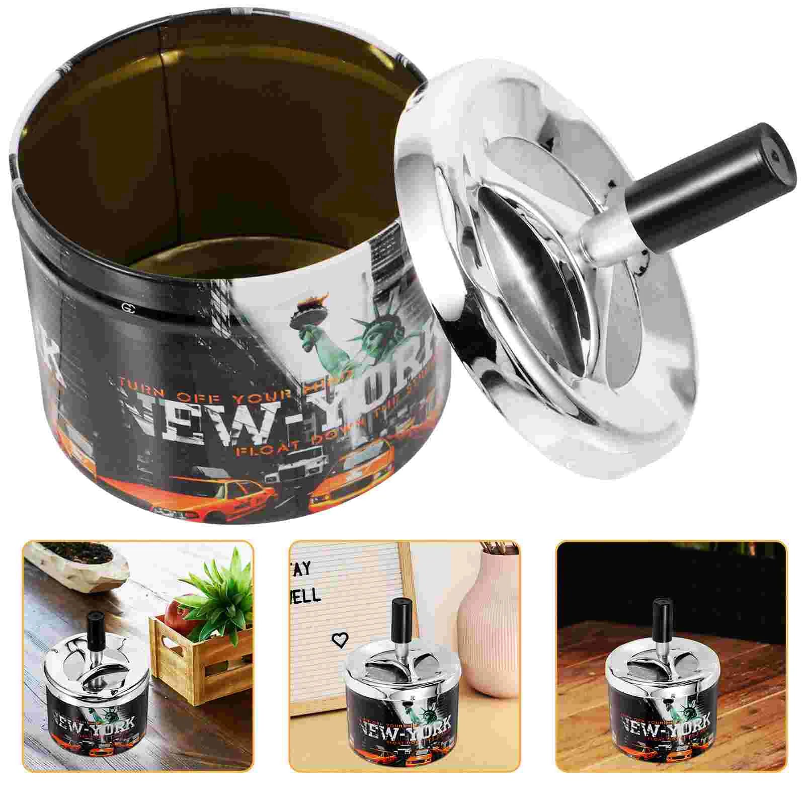 Swivel Lid Ashtray Desktop Personality Car Home Windproof Stainless Steel Round Container