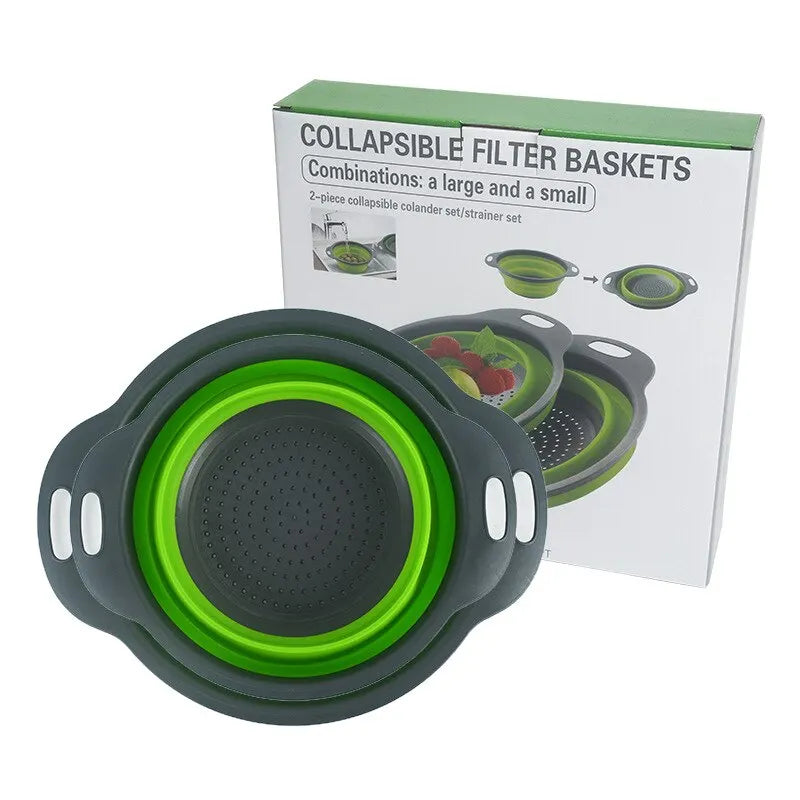 Creative Green Silicone Round Folding Vegetable Fruits Washing Drain Basket Colander Strainer Collapsible Drainer Kitchen Tool