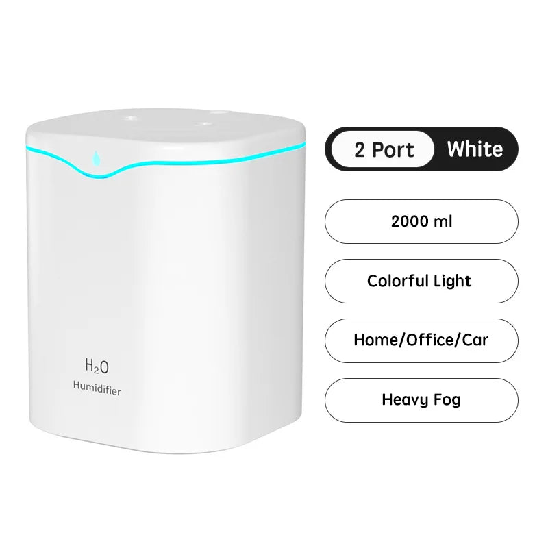 2000ml Large Capacity Dual Spray Humidifier Usb Home Silent Water Replen one Sprayisher 2L Air Purifier Water Diffuser Office