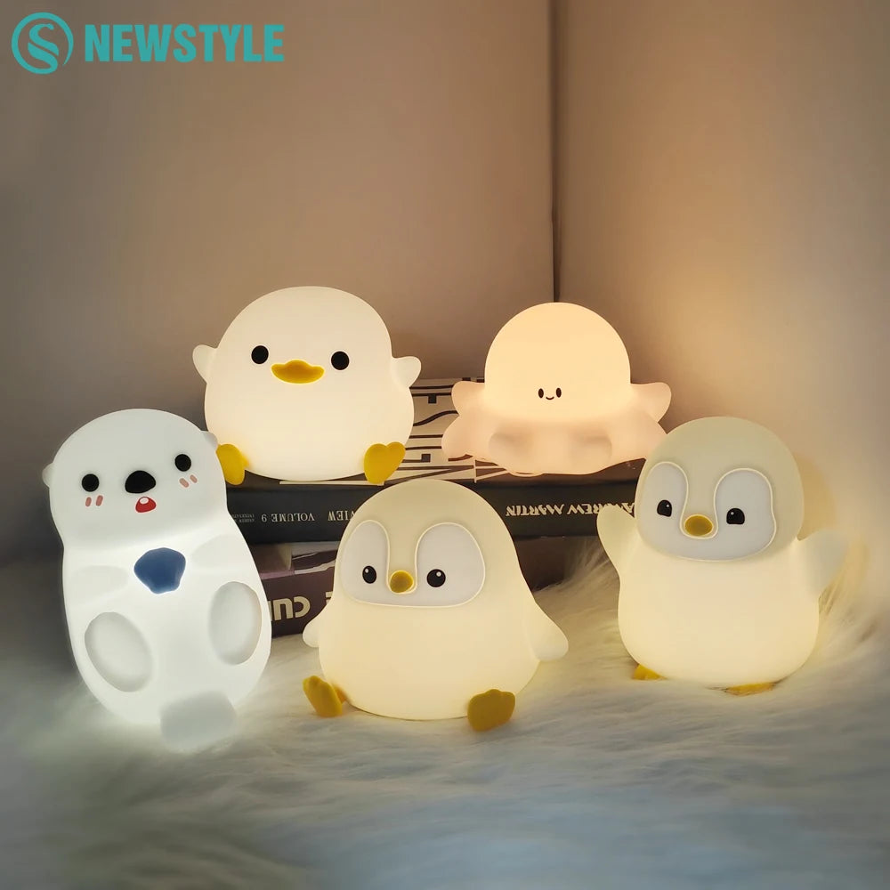 Cute Silicone Penguin Night Light Rechargeable Timing Sea Otter Sleeping Night Lamp Touch Control Beside Lamp for Nursery Room