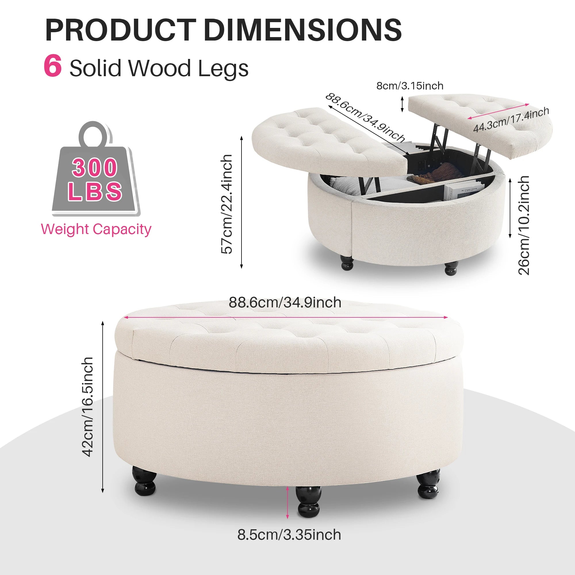 Redlife 35" Round Storage Ottoman， Modern Button Tufted Coffee Table Lift Off Lid  Upholstered Footstool for Living Room Bedroom