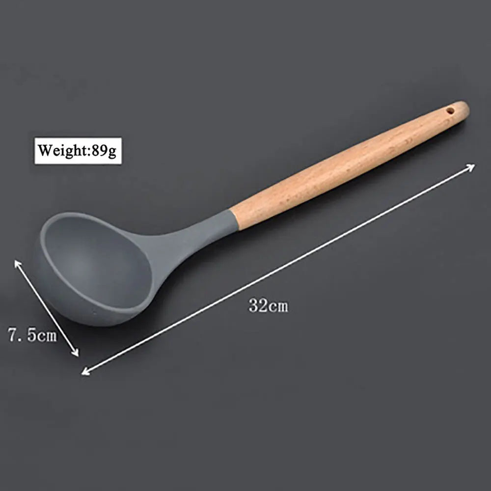 Silicone world Cooking Kitchenware Tool Silicone Utensils With Wooden Multifunction Handle Non-Stick Spatula  Spoon Brush