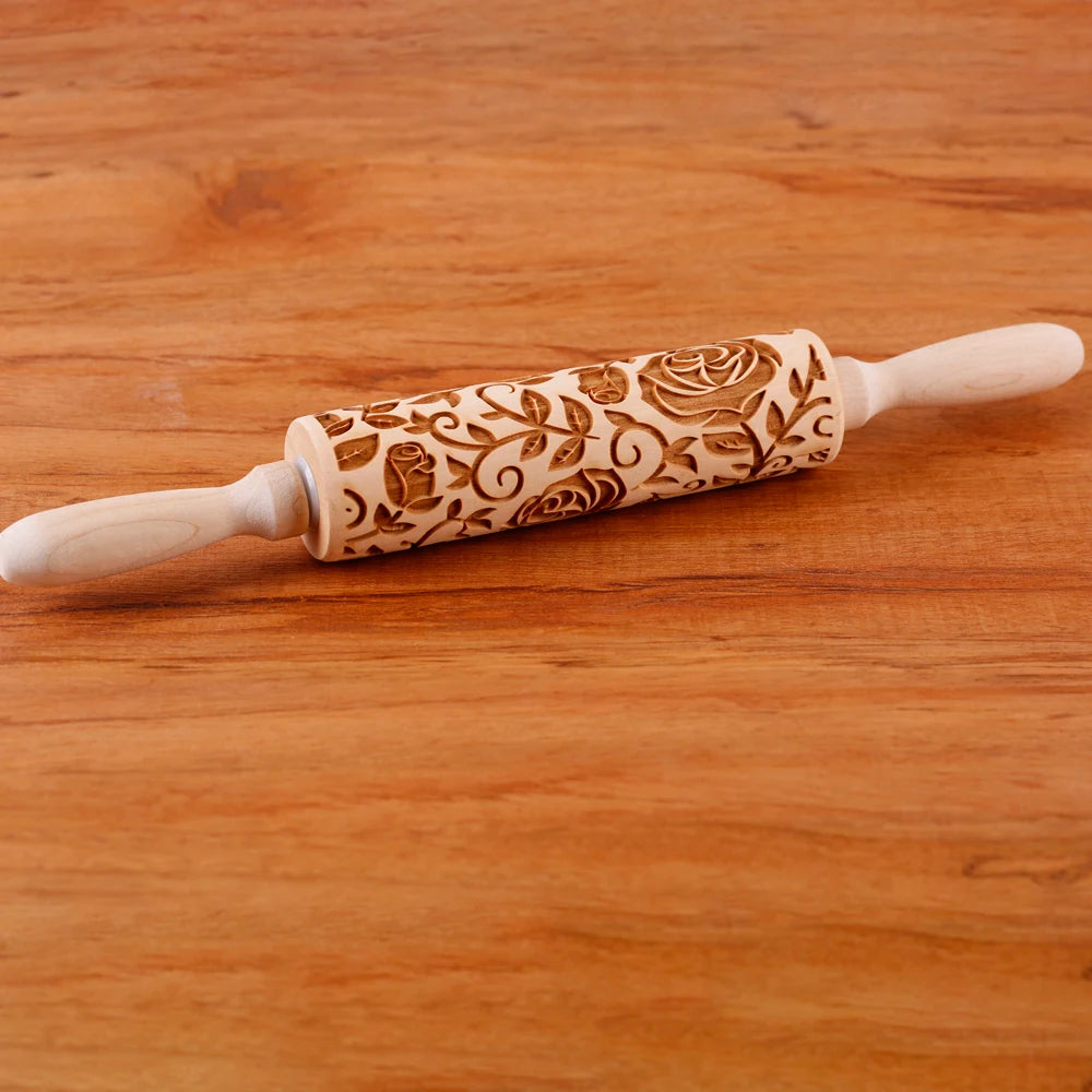 Arjmide 35X4.5CM Deep Engraved Wooden Rose Flower Embossed Rolling Pin for Baking 3D Cookies Mold Tools ZM153