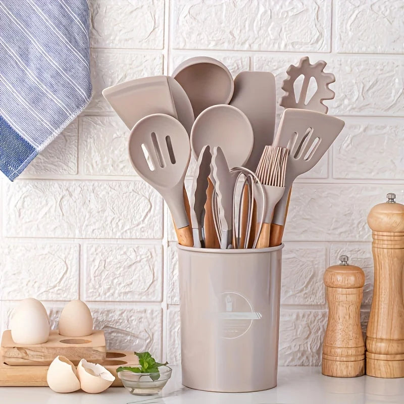 Silicone Kitchen Utensil Set with Wooden Handles Cooking & Baking Tools Including Non-Stick Spatula, Ladle, Whisk & Storage Rack