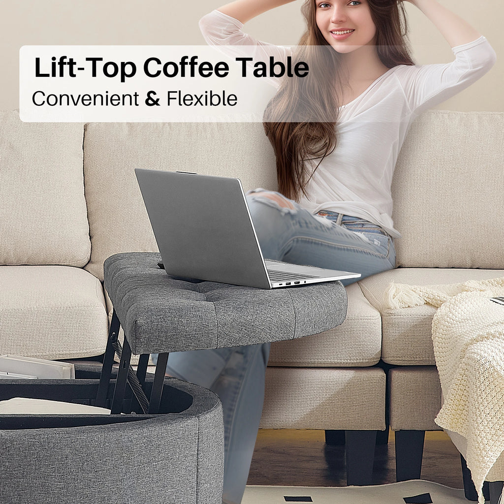 Redlife 35" Round Storage Ottoman， Modern Button Tufted Coffee Table Lift Off Lid  Upholstered Footstool for Living Room Bedroom