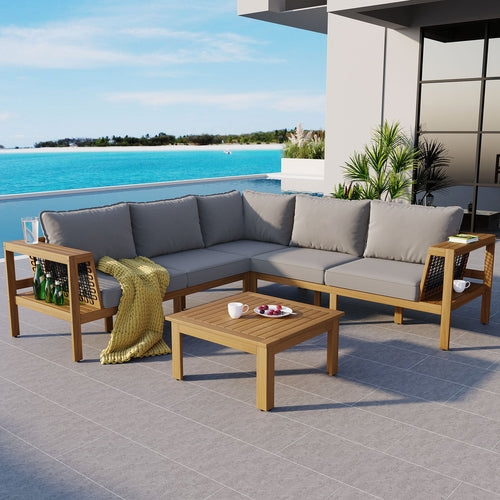 4 Pieces Outdoor Acacia Wood Sofa Set, Woven Mesh Armrests, L-Shaped SHIPPING ONLY IN USA