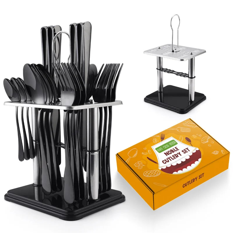 24 Pcs Stainless Steel Cutlery Hammer Pattern Ceramic Handle Knife Fork Spoon Set cutlery set travel cutlery set flatware set