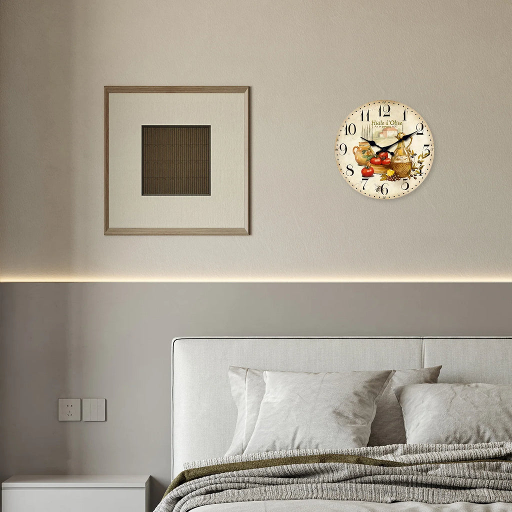 Retro Provence Olive Oil and Tomato Pattern Wooden Wall Clock Living Room Bedroom Kitchen Home Decoration Wall Clock Silent Quartz Clock Holiday Gift 10 Inches 12 Inches 14 Inches 16inch (Without Batteries)