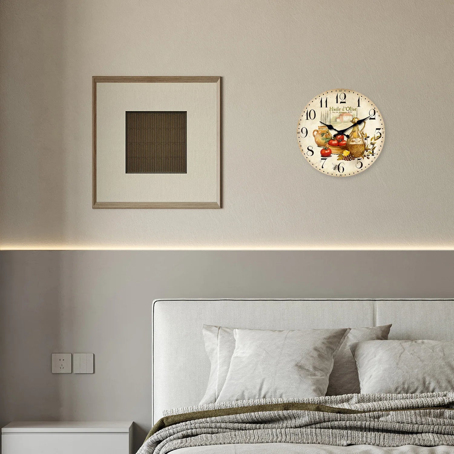Retro Provence Olive Oil and Tomato Pattern Wooden Wall Clock Living Room Bedroom Kitchen Home Decoration Wall Clock Silent Quartz Clock Holiday Gift 10 Inches 12 Inches 14 Inches 16inch (Without Batteries)