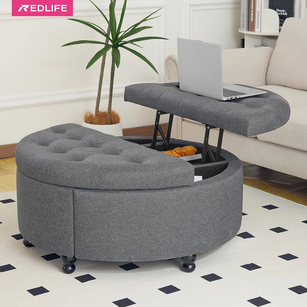 Redlife 35" Round Storage Ottoman， Modern Button Tufted Coffee Table Lift Off Lid  Upholstered Footstool for Living Room Bedroom
