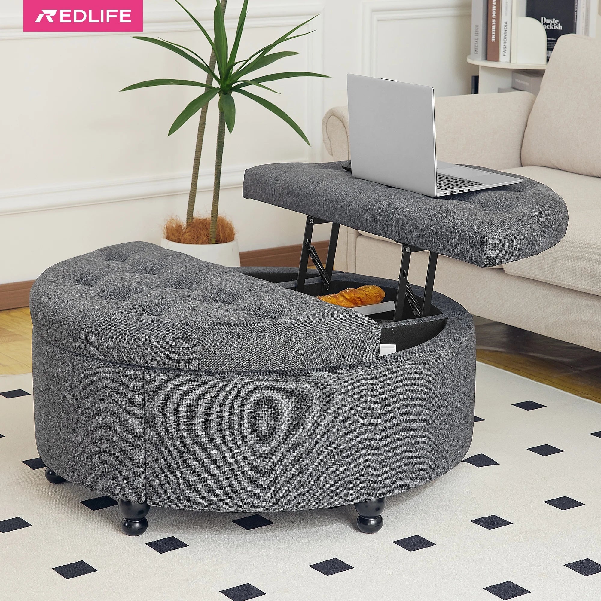Redlife 35" Round Storage Ottoman， Modern Button Tufted Coffee Table Lift Off Lid  Upholstered Footstool for Living Room Bedroom