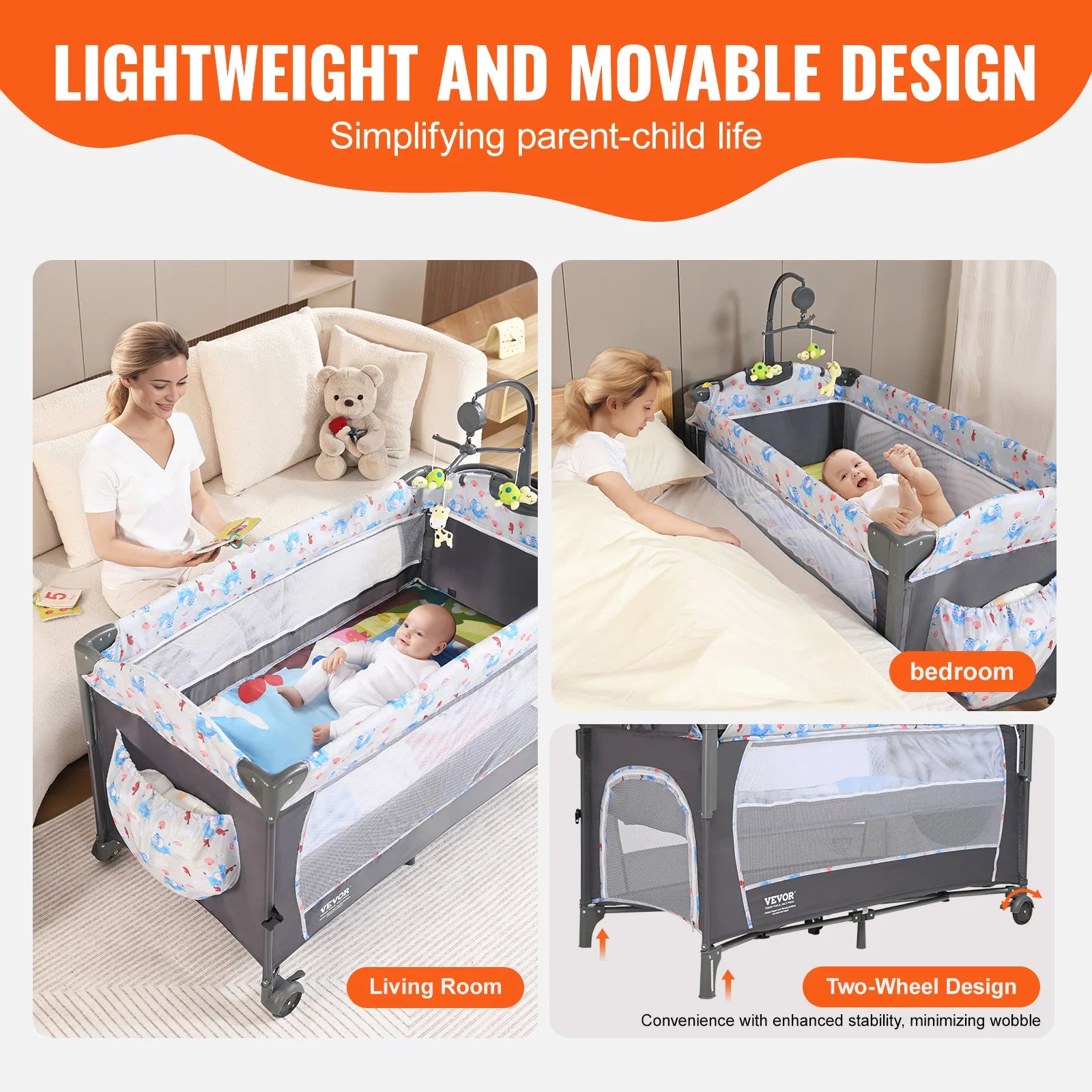 SucceBuy Baby Bassinet 77 pounds Load Capacity Easy to Fold Portable Bassinet Bedside Sleeper with Storage Basket and Wheels