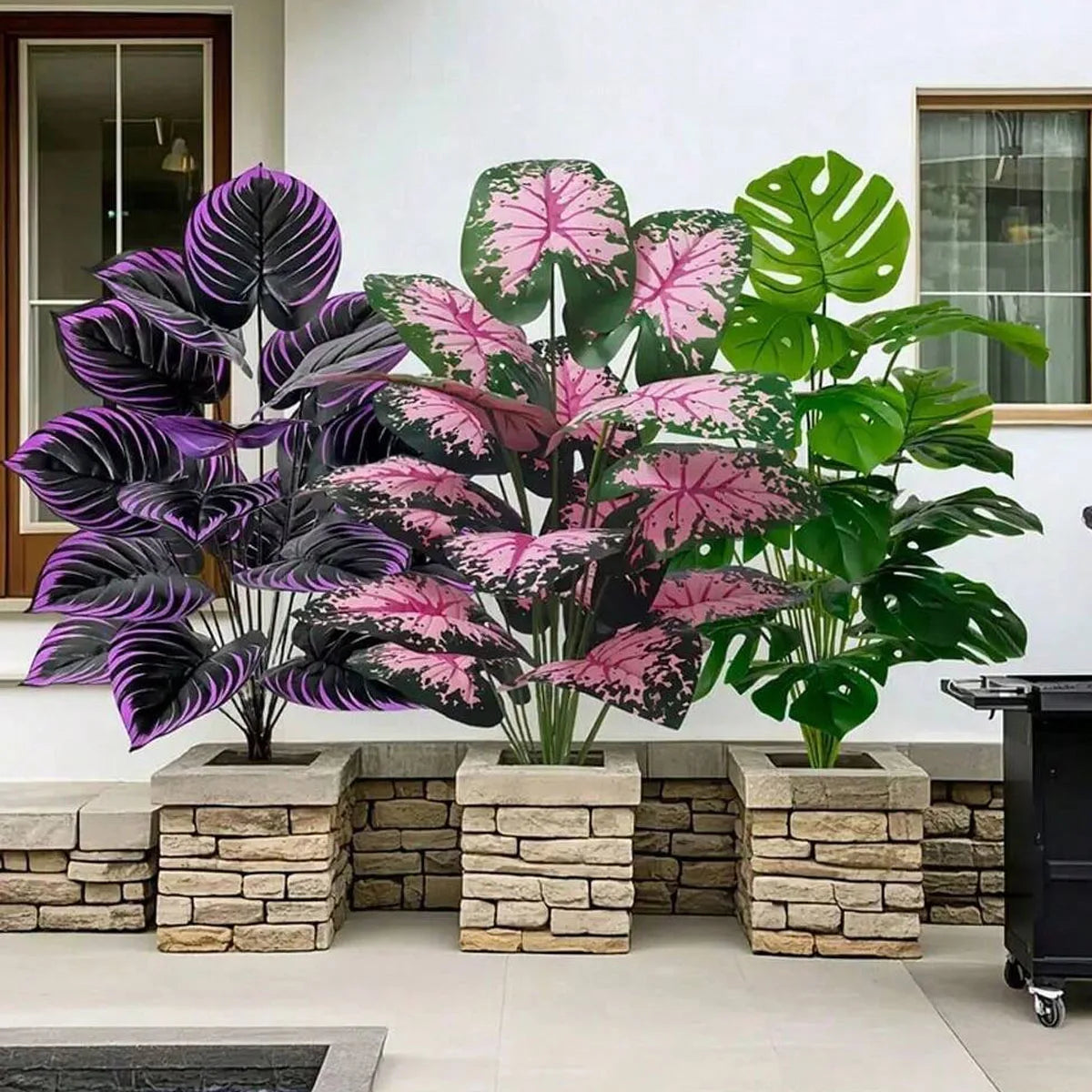 3pcs Outdoor Large Artificial Green Plant Set with 36 Leaves Suitable Designed Tropical Rainforest Landscapes for Home Garden