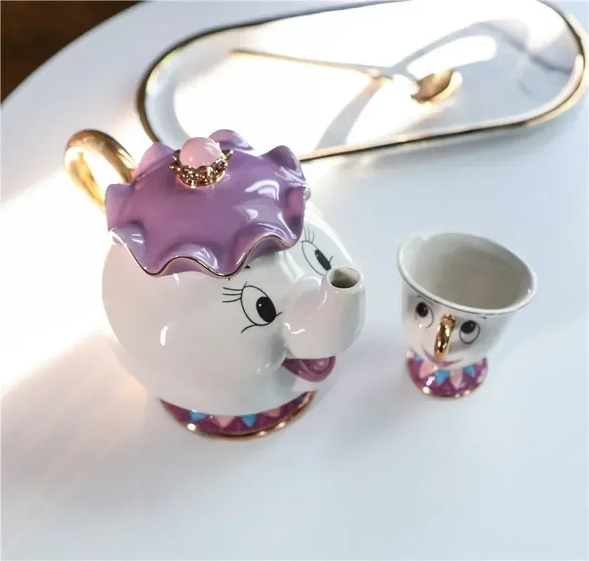 Disney Teapot Cute Cartoon Beauty And The Beast Coffee Pots Mug Mrs Potts Chip Cup Tea Cup Pots One Tea Set Droshipping Desk Gif