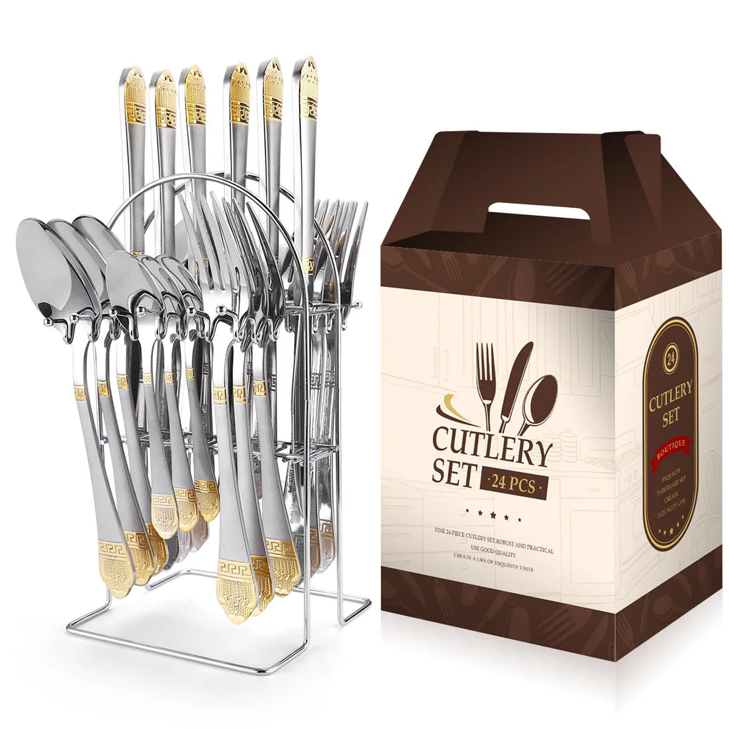 24 Pcs Stainless Steel Cutlery Hammer Pattern Ceramic Handle Knife Fork Spoon Set cutlery set travel cutlery set flatware set