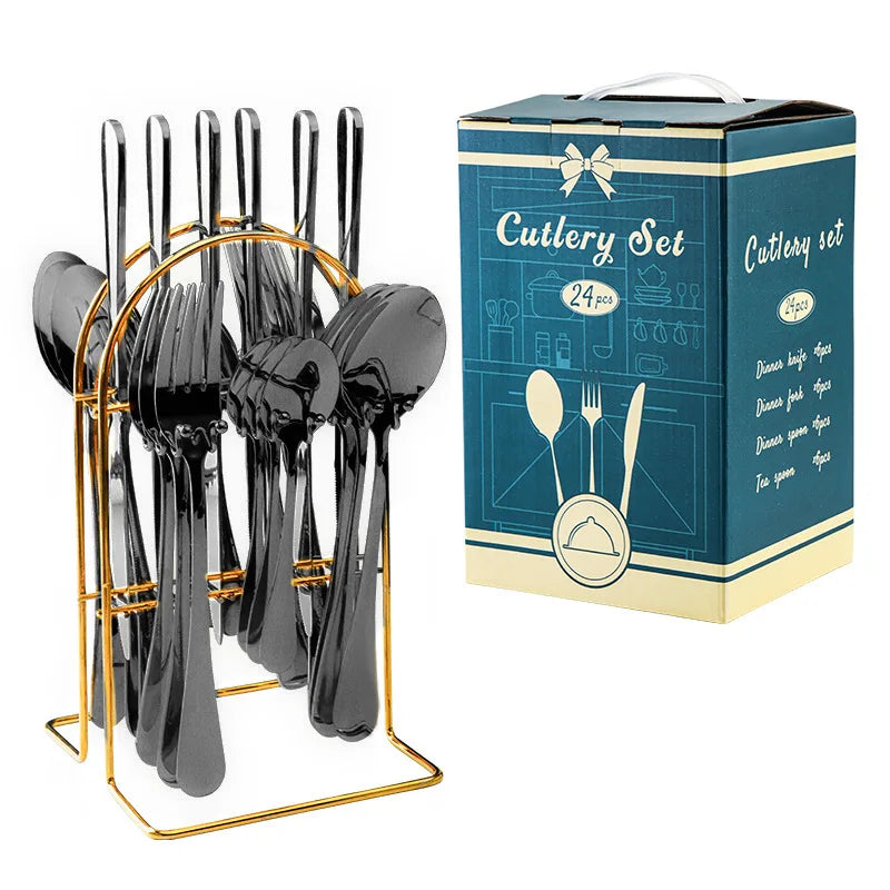 24 Pcs Stainless Steel Cutlery Hammer Pattern Ceramic Handle Knife Fork Spoon Set cutlery set travel cutlery set flatware set