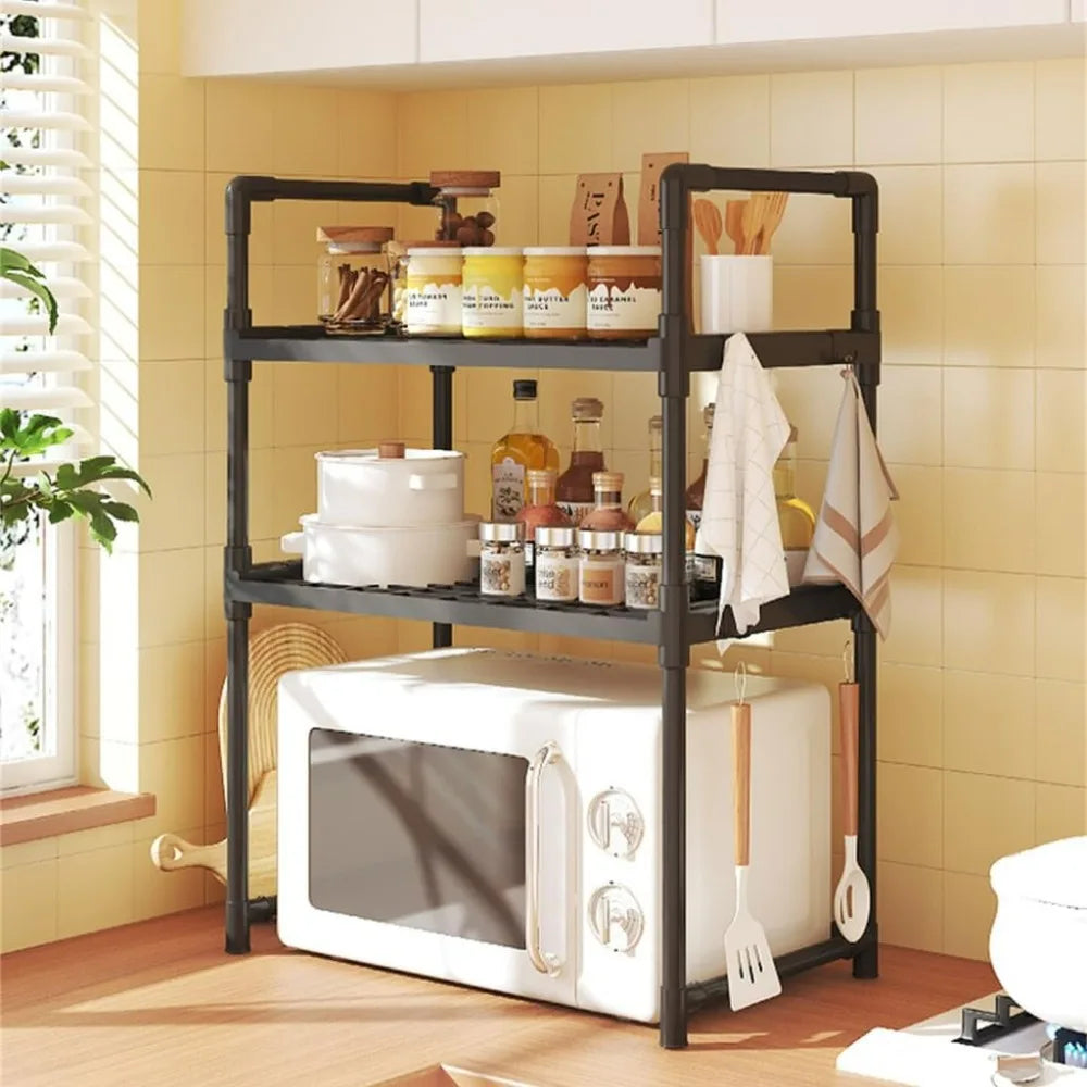 Kitchen Storage Rack Shelf Organizer for Microwave Oven Toaster Spice Bottles with Hooks Adjustable Stand for Home Dining Room