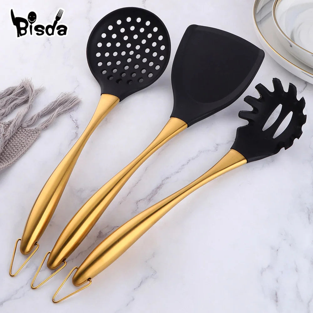 1-7PCS Cooking Tools Set Soup Scoop Slotted Spoon Turner Ladle Stainless Steel with Silicone Head Hanging Kitchen Server Pot
