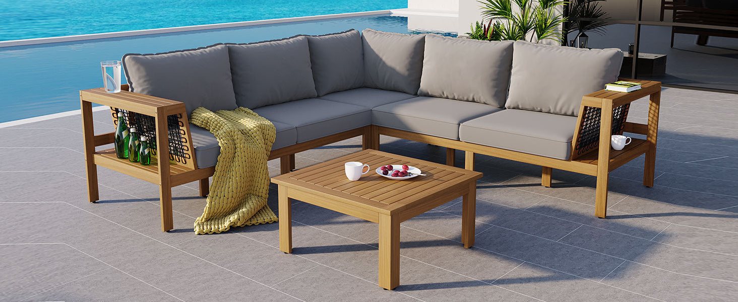 4 Pieces Outdoor Acacia Wood Sofa Set, Woven Mesh Armrests, L-Shaped SHIPPING ONLY IN USA