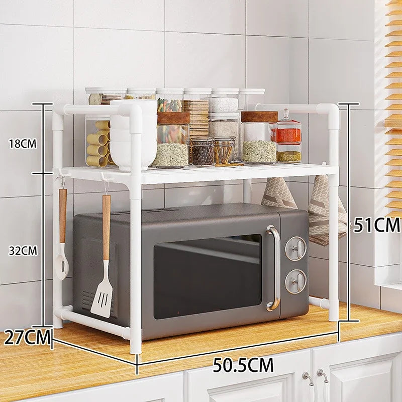 Kitchen Storage Rack Shelf Organizer for Microwave Oven Toaster Spice Bottles with Hooks Adjustable Stand for Home Dining Room