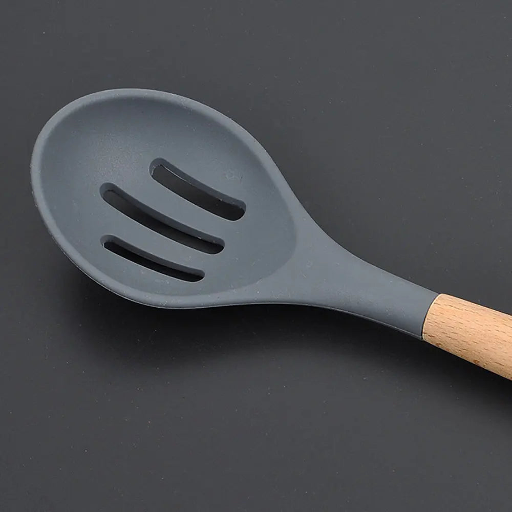 Silicone world Cooking Kitchenware Tool Silicone Utensils With Wooden Multifunction Handle Non-Stick Spatula  Spoon Brush