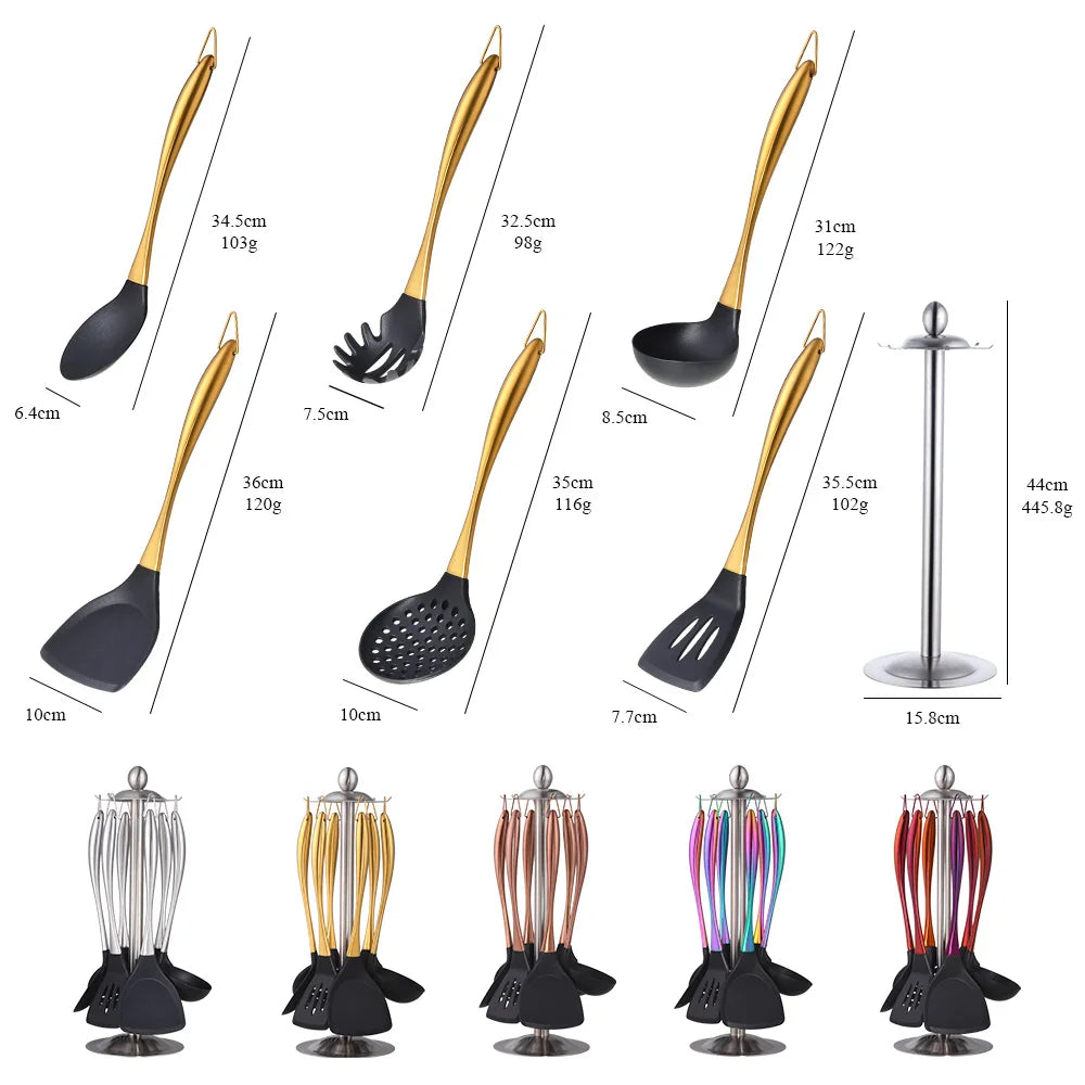 1-7PCS Cooking Tools Set Soup Scoop Slotted Spoon Turner Ladle Stainless Steel with Silicone Head Hanging Kitchen Server Pot