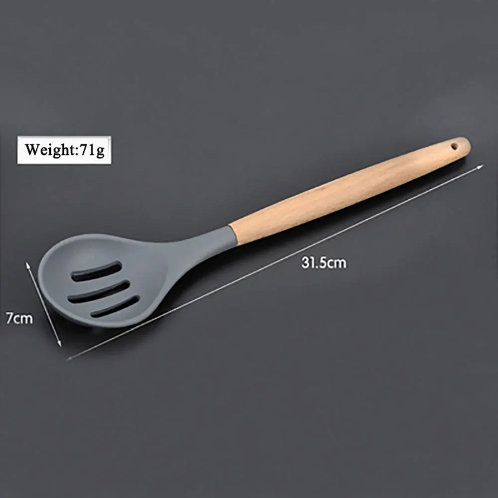 Silicone world Cooking Kitchenware Tool Silicone Utensils With Wooden Multifunction Handle Non-Stick Spatula  Spoon Brush