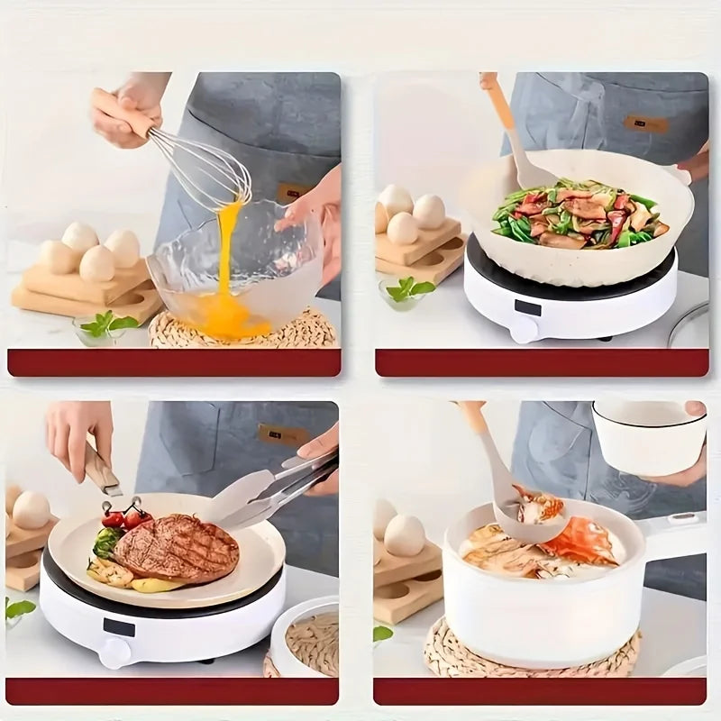 Silicone Kitchen Utensil Set with Wooden Handles Cooking & Baking Tools Including Non-Stick Spatula, Ladle, Whisk & Storage Rack