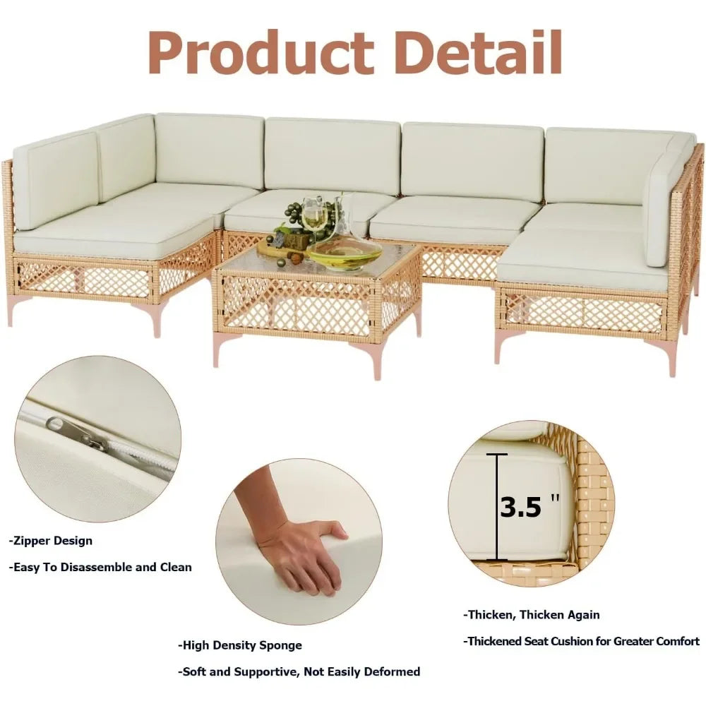 7 Piece Outdoor Patio Furniture Set, Patio Sectional Furniture Set, Wicker Outdoor Couch Sets with Glass Table and Cushions