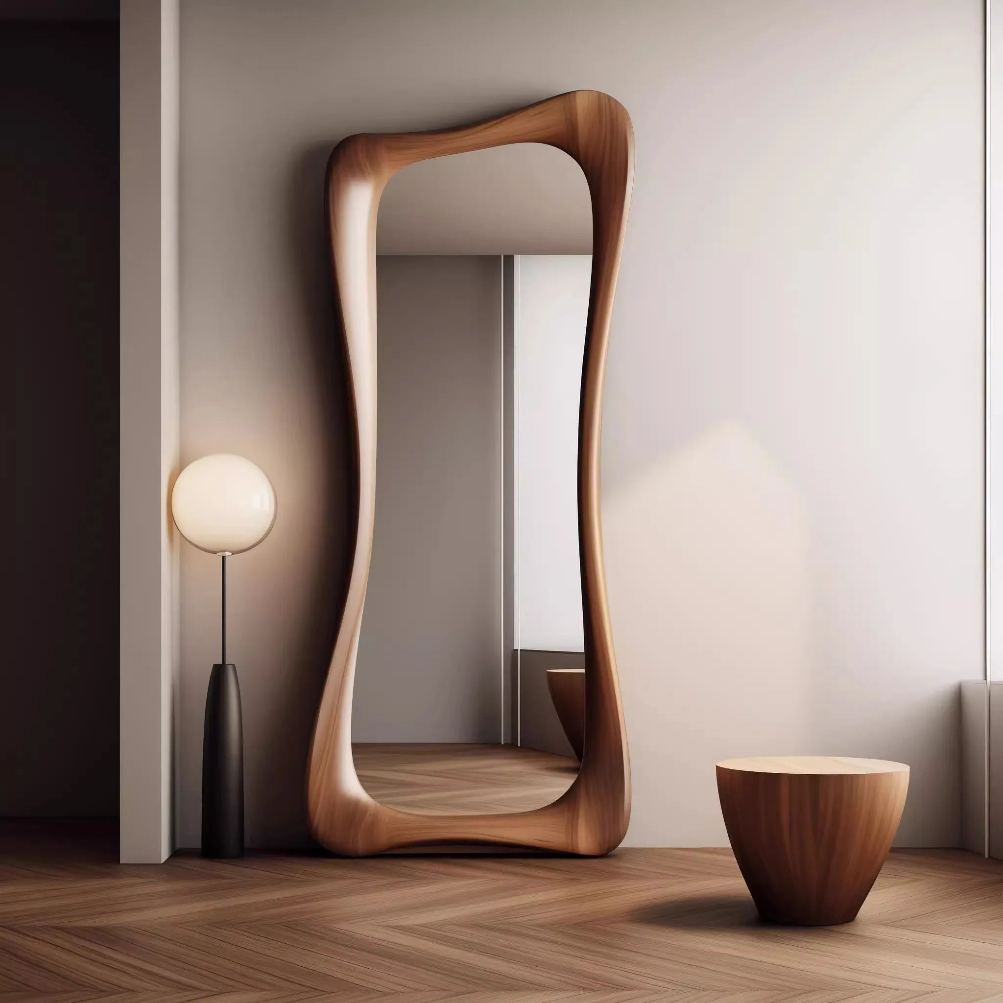 French Light Luxury Decorative Mirror Outfit Shop Full-length Mirror Retro Art Style Walnut Wood Irregular Frame Mirror 60x160cm