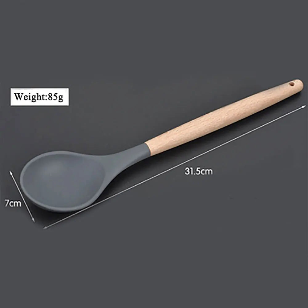 Silicone world Cooking Kitchenware Tool Silicone Utensils With Wooden Multifunction Handle Non-Stick Spatula  Spoon Brush
