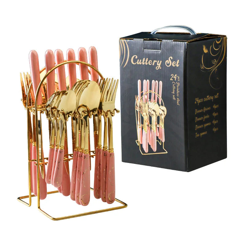 24 Pcs Stainless Steel Cutlery Hammer Pattern Ceramic Handle Knife Fork Spoon Set cutlery set travel cutlery set flatware set