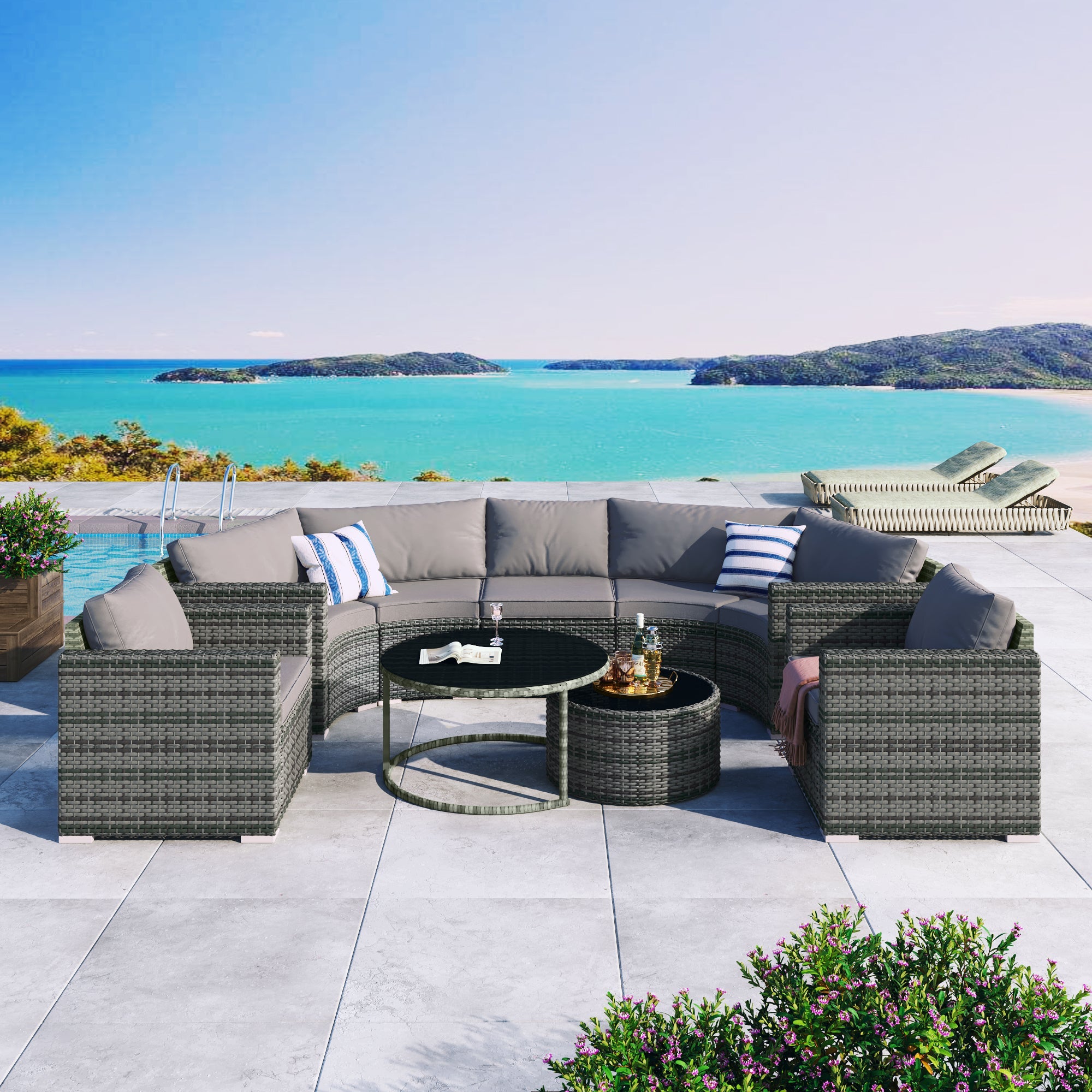 9-Pieces Outdoor Half-moon Patio Sofa Set, Round Sofa Set, Modern  SHIPPING ONLY IN USA