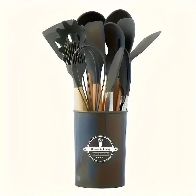 Silicone Kitchen Utensil Set with Wooden Handles Cooking & Baking Tools Including Non-Stick Spatula, Ladle, Whisk & Storage Rack
