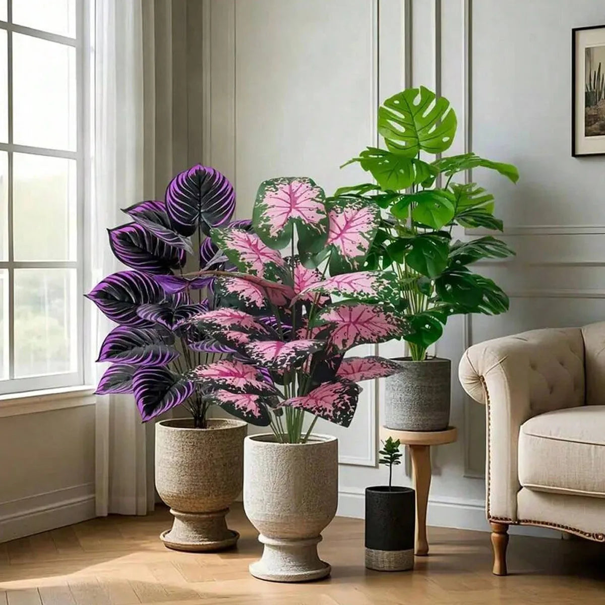 3pcs Outdoor Large Artificial Green Plant Set with 36 Leaves Suitable Designed Tropical Rainforest Landscapes for Home Garden