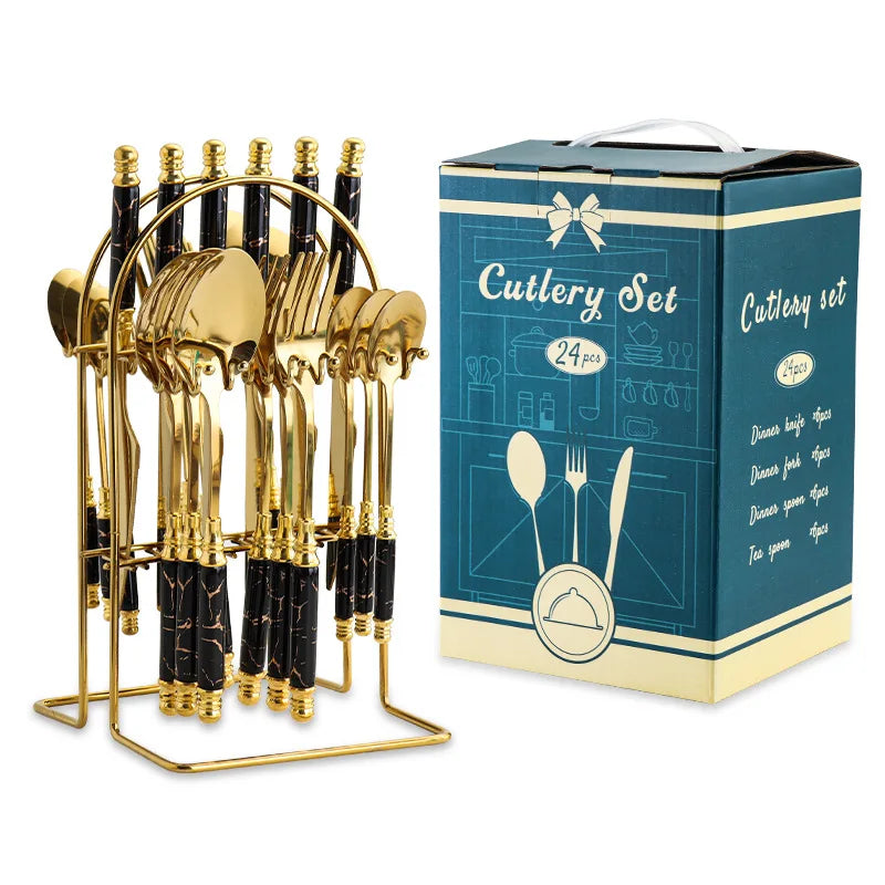 24 Pcs Stainless Steel Cutlery Hammer Pattern Ceramic Handle Knife Fork Spoon Set cutlery set travel cutlery set flatware set