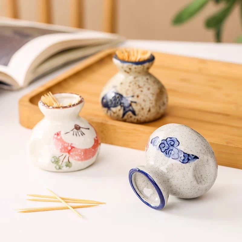 Japanese Style Ceramic Toothpick Holder Mini Retro Cotton Swab Storage Jar Simple Small Vases Decor Toothpick Dispenser Box