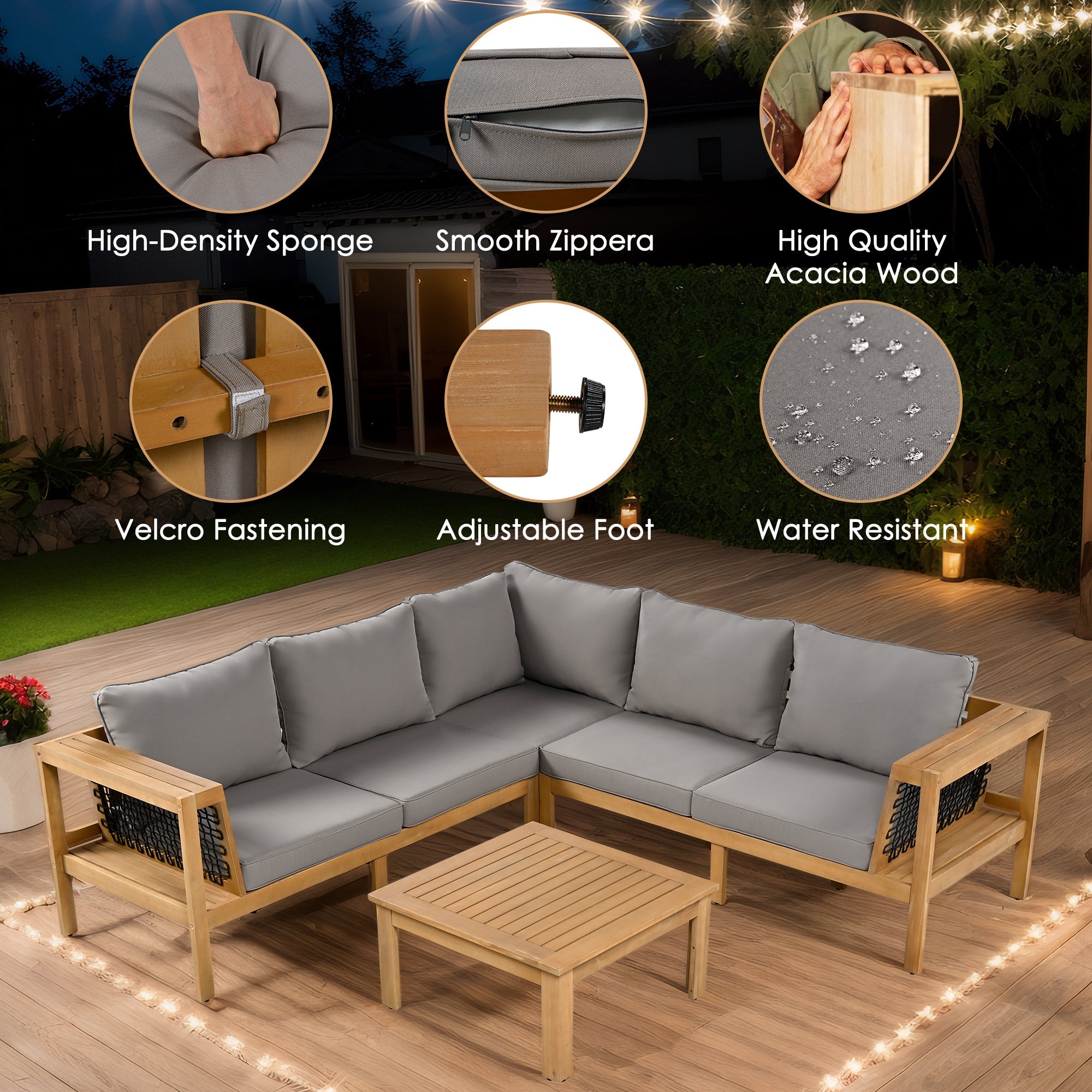 4 Pieces Outdoor Acacia Wood Sofa Set, Woven Mesh Armrests, L-Shaped SHIPPING ONLY IN USA