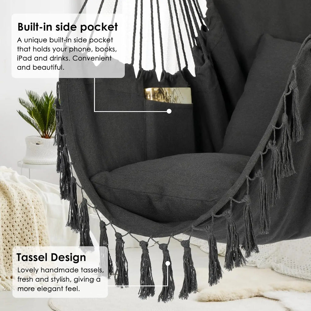 Macrame Hanging Chair with 2 Pillows | 500lb Capacity Cotton Rope Swing | Pocket Design Indoor/Outdoor Use