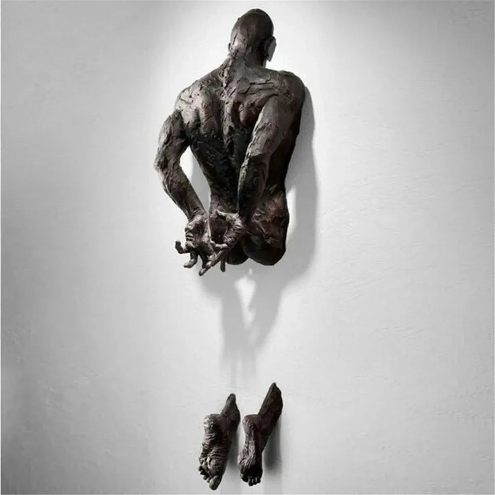Imitation Copper Wall Decor Abstract Character Resin Rock Climbing Man Statue Sculpture Background Wall Art 3D Through Wall