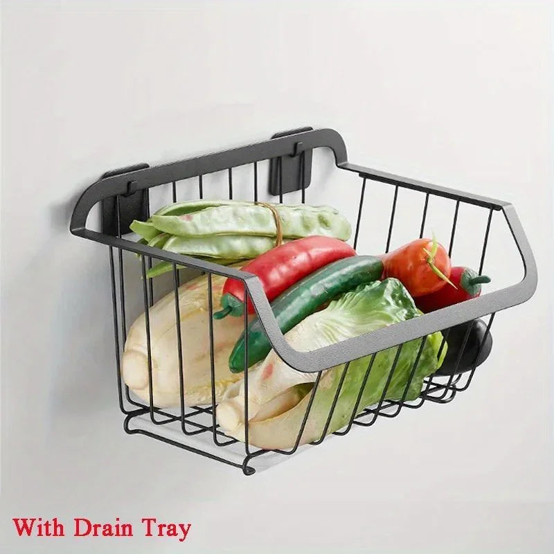 Kitchen Storage Basket Stainless Steel Fruit Vegetable Drain Storage Organizer Wall Mounted Spice Rack Dish Shelf Kitchen Tool